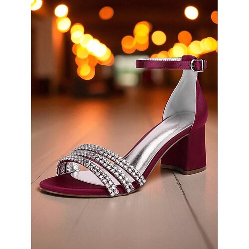 Damensandalen aus violettem Satin mit Blockabsatz und Strass-Riemen – elegante Abendschuhe mit offener Spitze für Cocktailpartys und formelle Anlässe Image