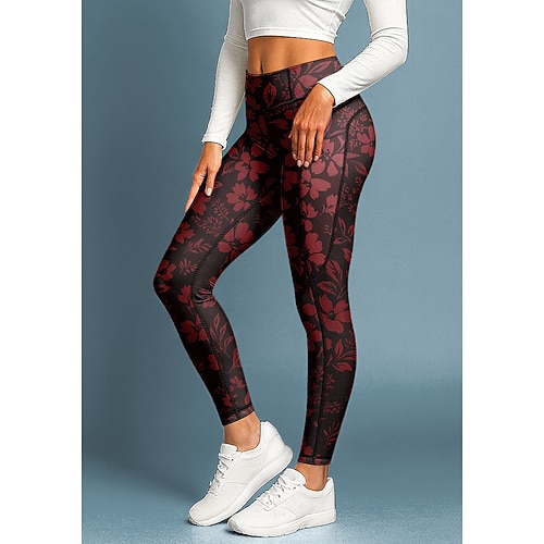 Damen Pilates-Leggings Fitnesshose Trainingsleggings Taschen Stempelsteuer Seitentaschen Pilates Fitnessstudio Fitnesstraining Hosen Strumpfhosen Leggings Blumenmuster Rosa Rot Marinenblau Sport Image