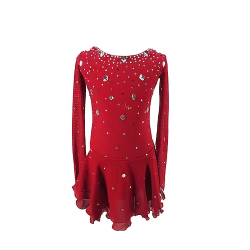 Eiskunstlaufkleid Damen Mädchen Eislaufen Kleid Rot Patchwork Daumenloch Spandex Hohe Elastizität Training Professionell Wettbewerb Eiskunstlaufkleidung Klassisch Kristall / Strass Langarm Eislaufen Image