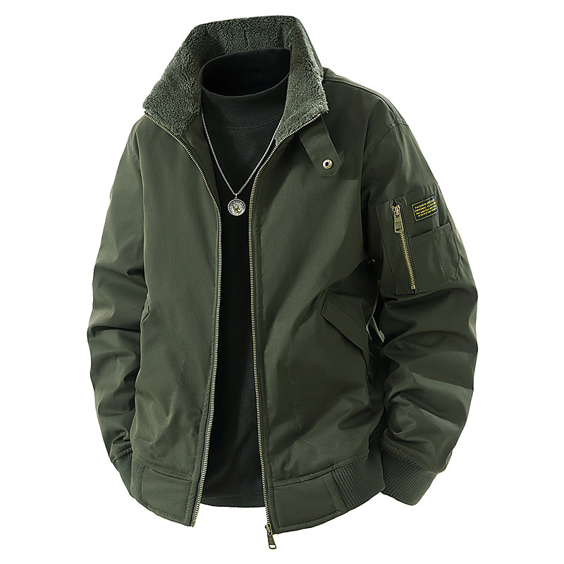 Men's Outdoor Jacket Bomber Jacket Cargo Jacket Formal Home Pocket Fleece Collar Spring Fall Winter Solid Color Active Neutral Regular Black Green Khaki Jacket