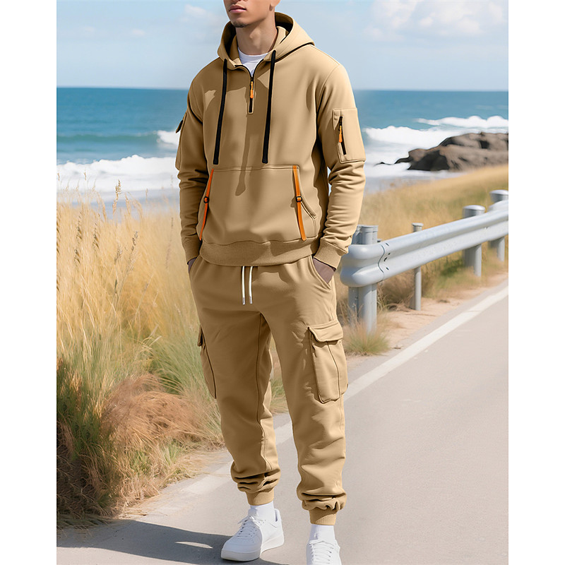Men's Tracksuit Outfit Set Hoodies Set Hoodie Outdoor Daily Sports Drawstring Pocket Half Zip Plain Black Navy Blue Khaki Polyester Activewear Fashion Streetwear Spring