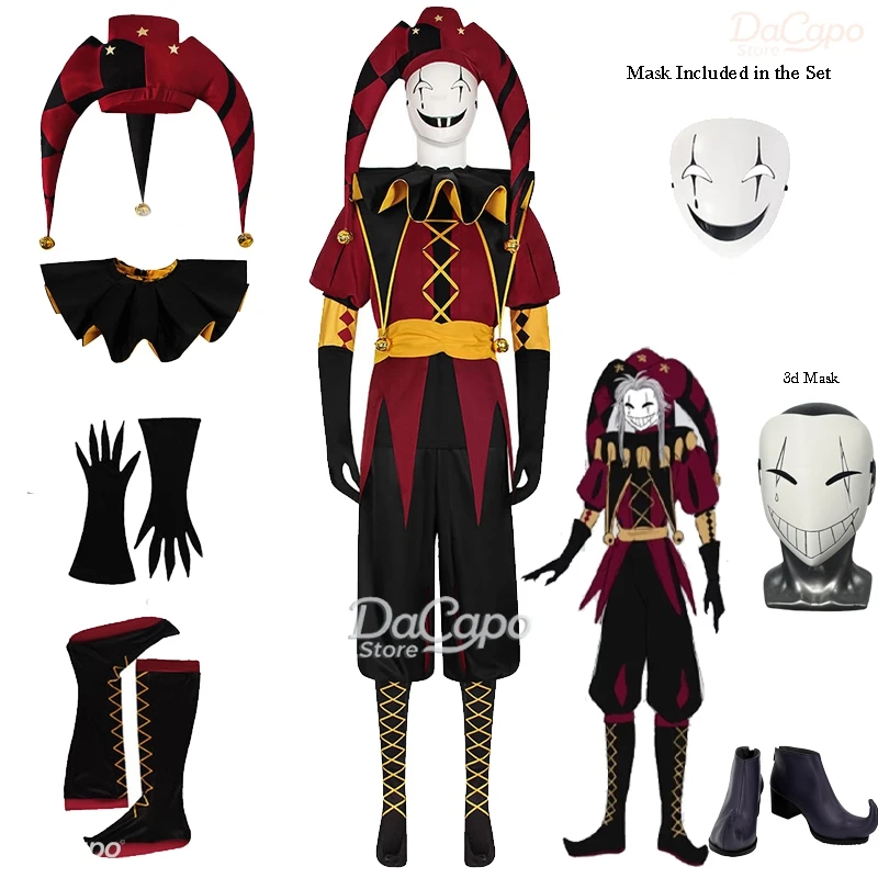 Freak Circus Pierrot Cosplay Clown Outfit Kostüm Spiel 2025, Halloween Horror Herren Rollenspiel Kleidung Expo Kleidung Unisex Maske Hut Image