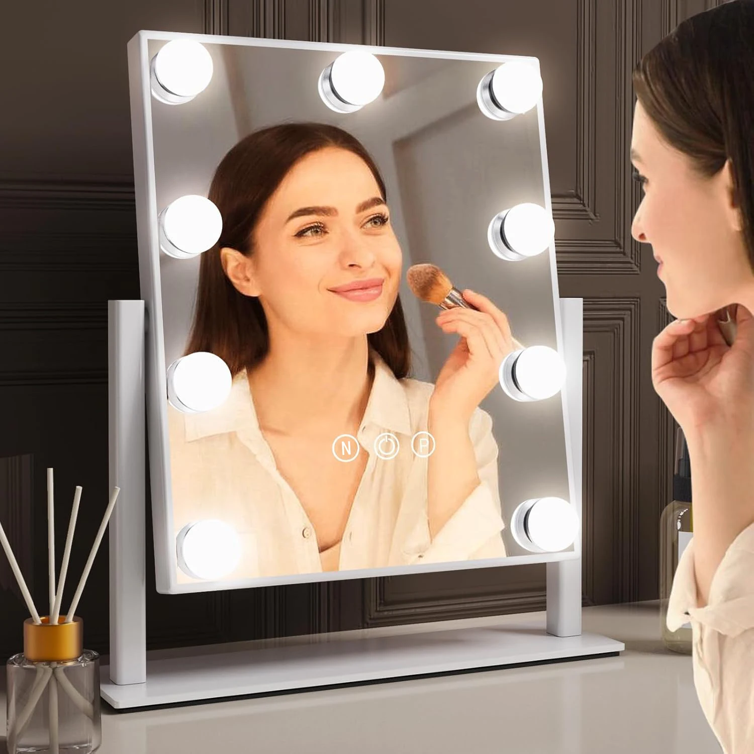 Hollywood Vanity Make-up-Spiegel mit 9 LED-Lampen, 3-farbige Beleuchtung 360 ° Drehbarer Kosmetikspiegel für Ankleidezimmer und Schlafzimmer Image