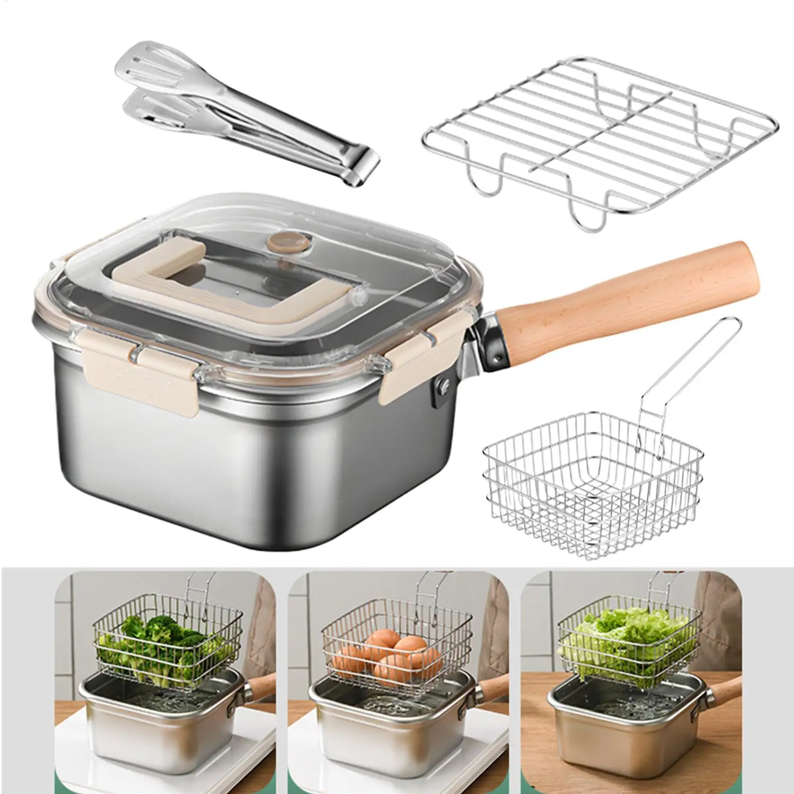 Fritteuse Pfannen-Set, quadratisch, Camping-Kochtopf, große Fritteuse aus Edelstahl, Nudelsieb-Set, Huhn, gebratene Pommes Frites, Kochgeschirr Image