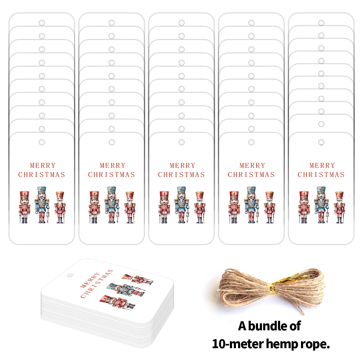50 Stück Weihnachtskarten-Tags mit Hanfseil, Soldat-Nussknacker-Ornamentkarten, Geschenk-Hängeetikett für Weihnachtsbaumdekoration, Geschenkverpackung Image