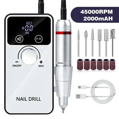 45000RPM Electric Nail Drill Pen - Cordless Rechargeable for Salon & Home, Manicure Kit with 6 Grinding Bits Nail Polisher
