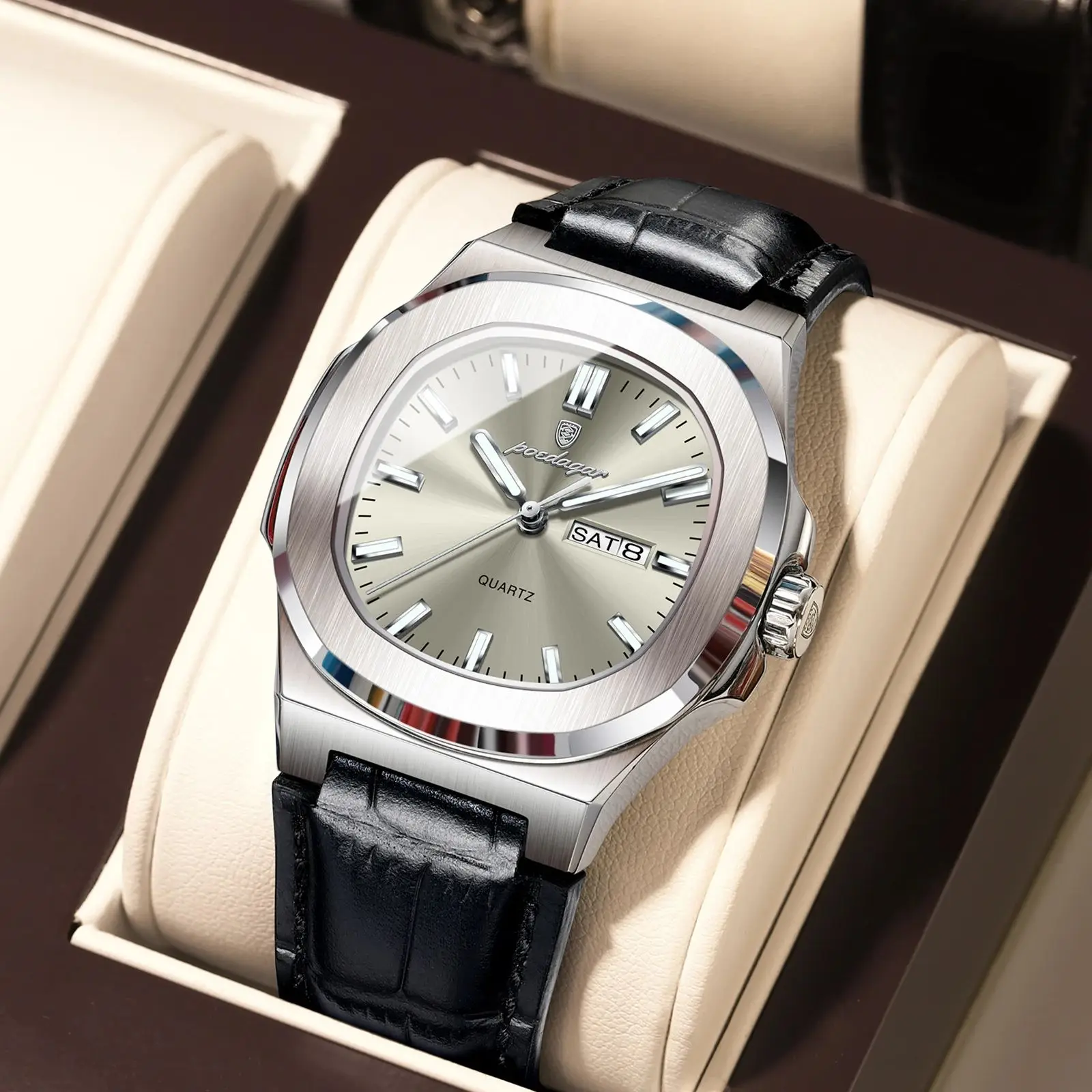 POEDAGAR Mode Marke Männer Uhr Luxus Leuchtende Wasserdichte Woche Datum Mann Uhr Leder Quarz Platz Casual männer Uhren Reloj Image