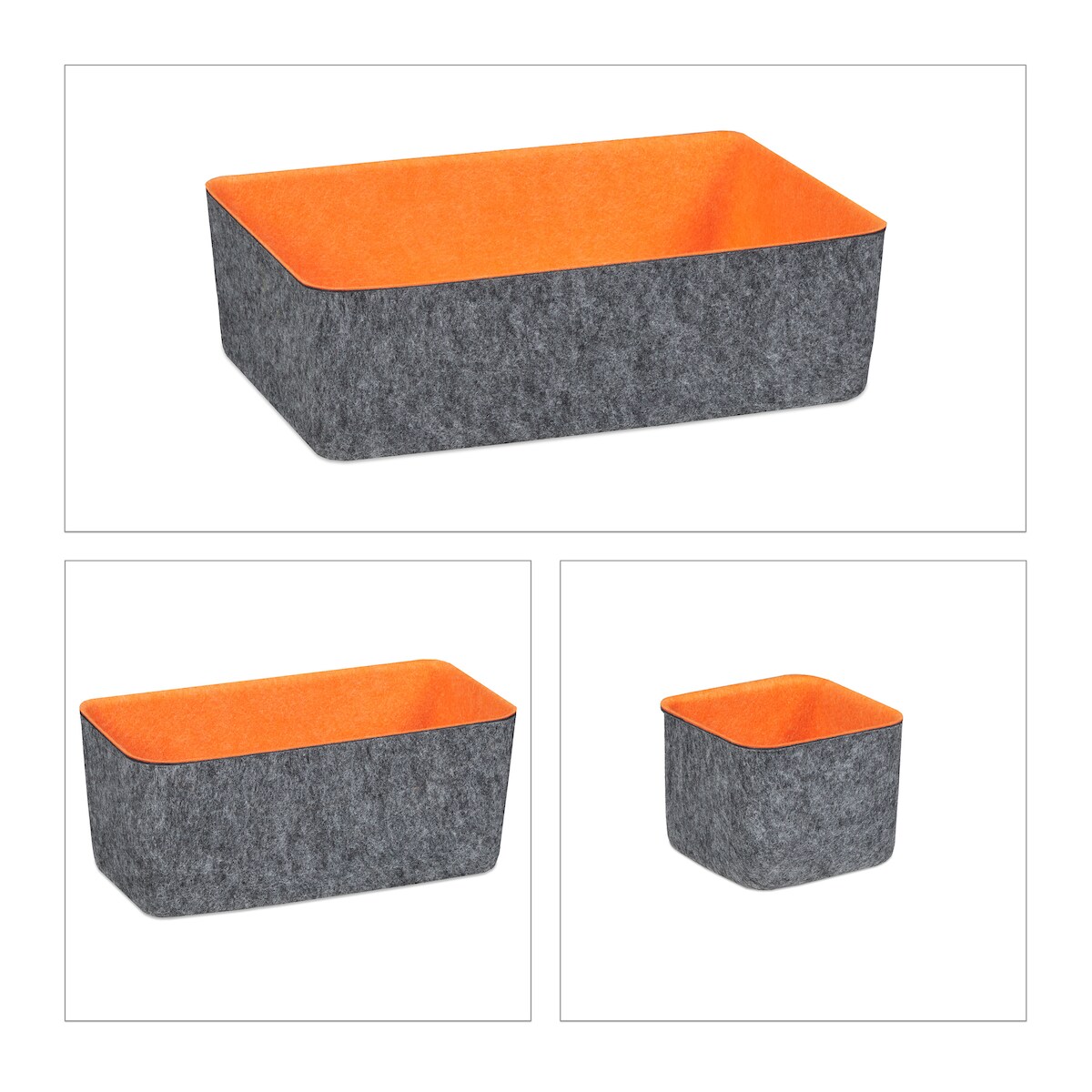 Relaxdays Schubladen Organizer Filz, 5-teiliges Ordnungssystem für Schreibtisch, 3 Größen, Filzkörbchen, grau/orange Image