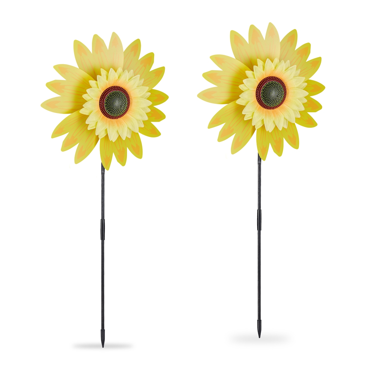 Relaxdays Windrad Sonnenblume, 2er Set, H x B x T: 76 x 29 x 8 cm, Doppel-Windrad für Garten & Balkon, zum Stecken, gelb Image