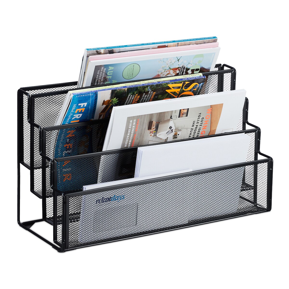 Relaxdays Zeitschriftenhalter Metall, 4 Fächer, Dokumentenablage Büro, HBT: 26x45x18 cm, Magazinhalter, Briefe, schwarz Image