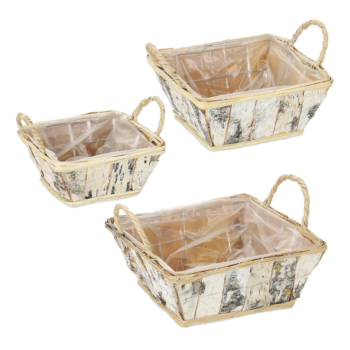 Relaxdays Blumentopf, 3er Set, Holz, Pflanzentöpfe mit Griffen, Folie, 3 Größen, Pflanzkörbe innen & außen, weiß/natur Image