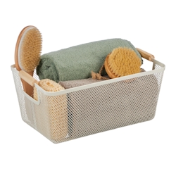 Relaxdays Drahtkorb mit Holzgriffen, eckig, Aufbewahrungskorb Metall, HBT: 16,5 x 37 x 22,5 cm, Korb Küche & Bad, weiß Image