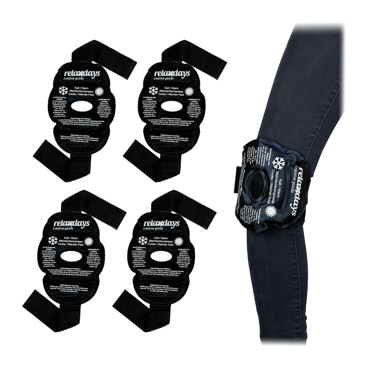 Relaxdays Kühlpads Knie, 4er Set, Kalt Warm Kompressen, wiederverwendbar, Gel Kühlbandage mit Klettverschluss, schwarz Image