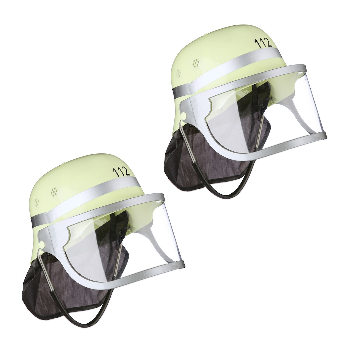Relaxdays Feuerwehrhelm Kinder 2er Set, verstellbar, klappbares Visier, Nackentuch, Feuerwehr, HBT 24,5x22,5x28 cm, gelb Image