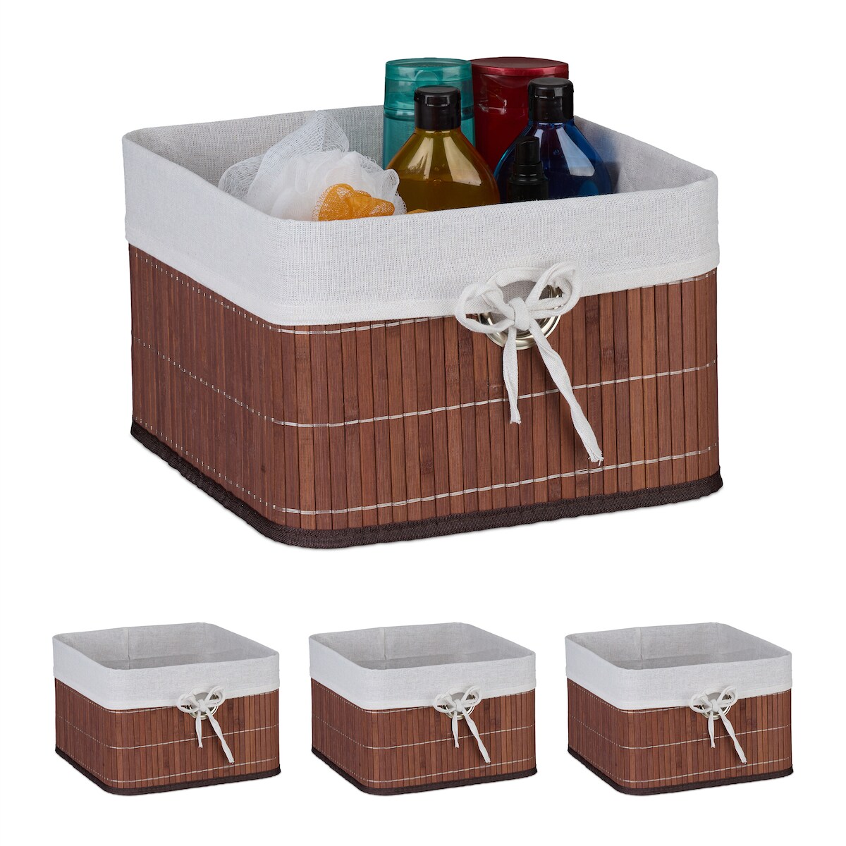 Relaxdays Aufbewahrungskorb 4er Set, Bambus, Stoffeinsatz, HBT: 20x31x31 cm, Körbchen Griffloch, Regalkorb, braun/weiß Image