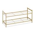 Relaxdays Metall Schuhregal, 2 Ebenen, stapelbar, Flur Schuhgestell HBT 33,5 x 70 x 26 cm, 6 Paar Schuhe, offen, gold