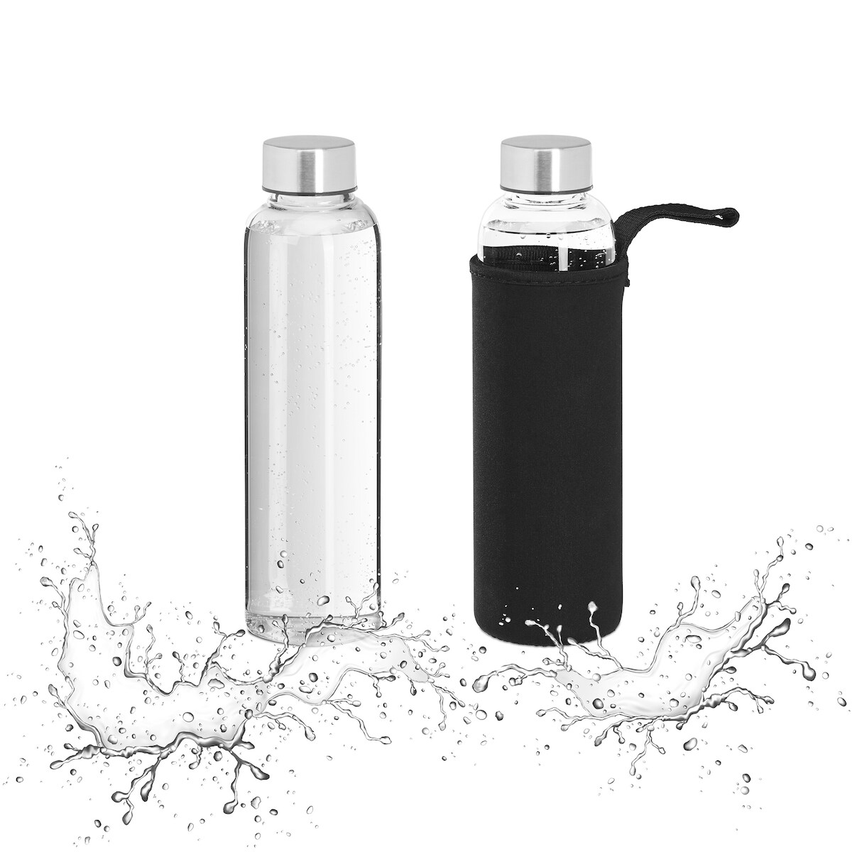 Relaxdays Trinkflasche, 2er Set, 500 ml, auslaufsicher, Glasflasche mit Hülle, HxD: ca. 23,5x6,5 cm, transparent/schwarz Image