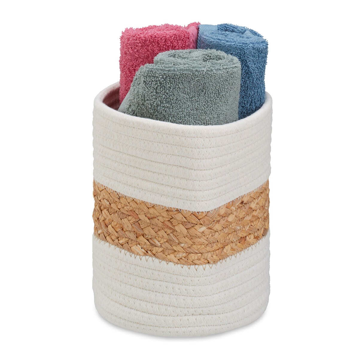 Relaxdays Aufbewahrungskorb Baumwolle, H x D: 20 x 18 cm, Dekokorb faltbar, Boho Korb geflochten, Badkorb, creme/natur Image