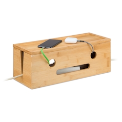 Relaxdays Kabelbox für 2 Steckdosenleisten, Bambus, HxBxT: 15,5 x 42 x 16 cm, Kabel verstecken, Steckdosenbox, natur Image