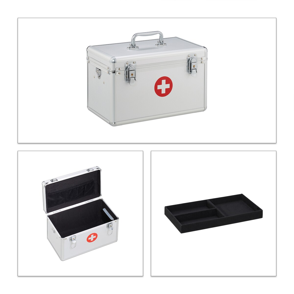 Relaxdays Erste Hilfe Koffer, Verbandskasten Alu mit Tragegurt, leer, Medizinbox für Notfälle, HBT: 19x32x20 cm, silber Image