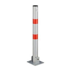 Relaxdays Absperrpfosten, klappbar, Stahl, Sperrpfosten Parkplatz, HxBxT: 65 x 15 x 13 cm, Signalstreifen, silber/rot Image
