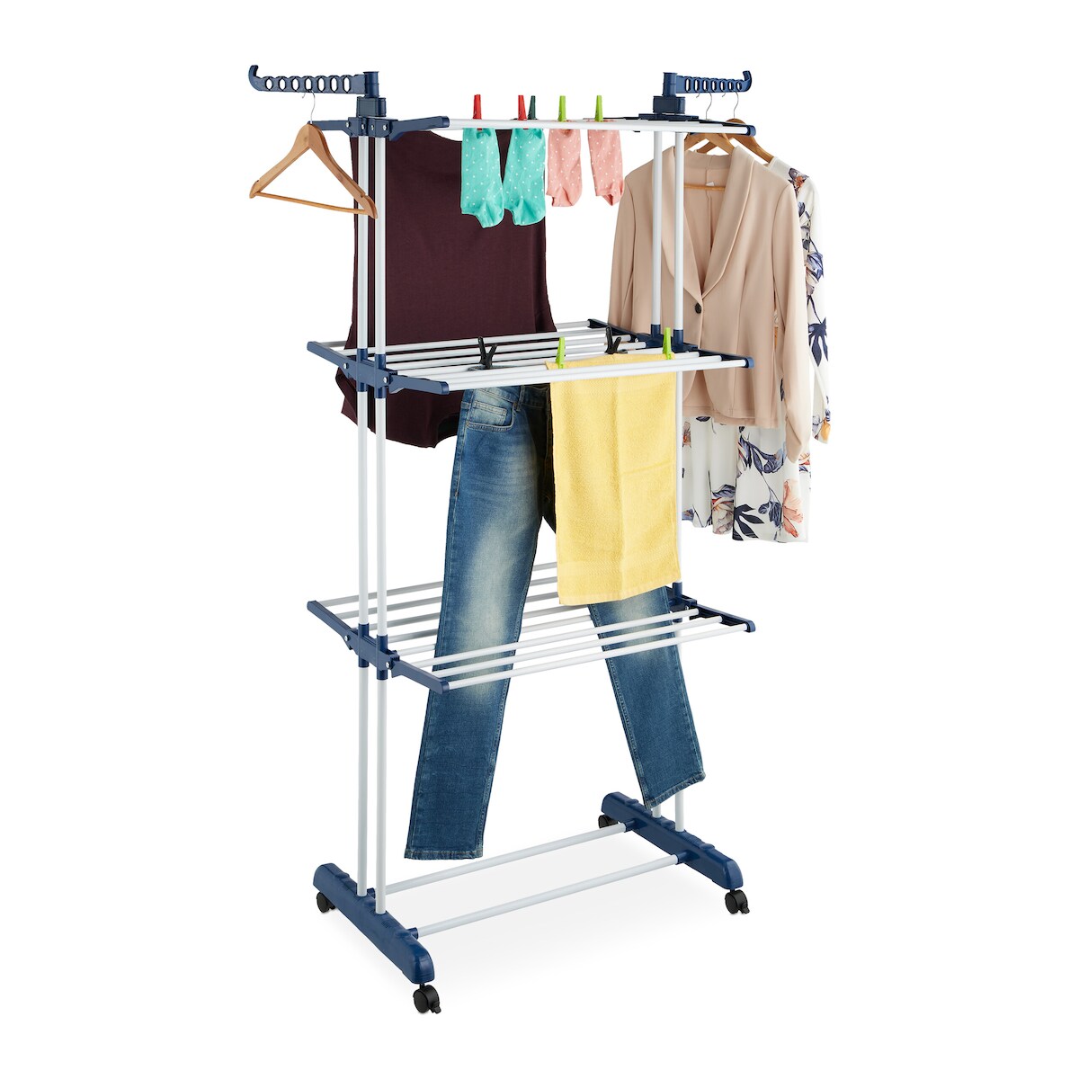 Relaxdays Wäscheständer, ausklappbare Flügel, HBT: 179 x 126 x 63,5 cm, Metall, rollbarer Turmwäscheständer, weiß/blau Image