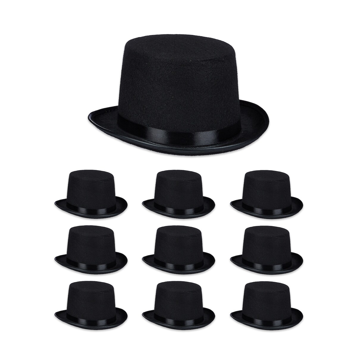 Relaxdays Zylinder Hut 10er Set, Zauberhut Damen & Herren, Kopfumfang 58 cm, Kostümzylinder Halloween, Karneval, schwarz Image
