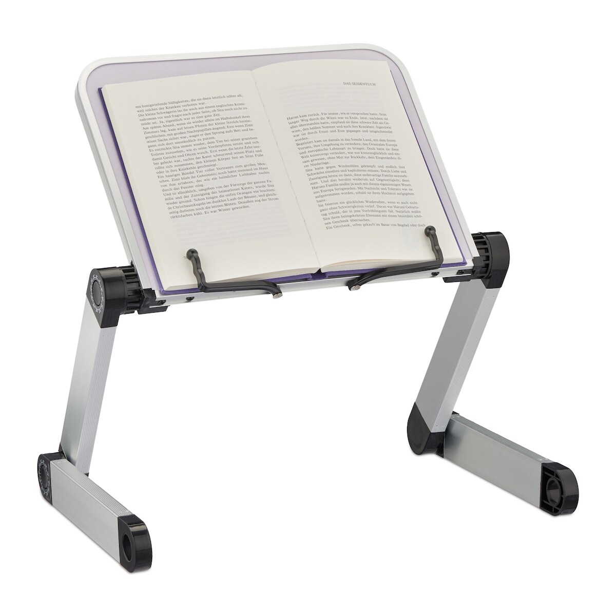 Relaxdays Buchständer, höhenverstellbar, klappbar, Buchablage B x T: 30,5 x 24 cm, für Buch, Tablet, Laptop, weiß/silber Image