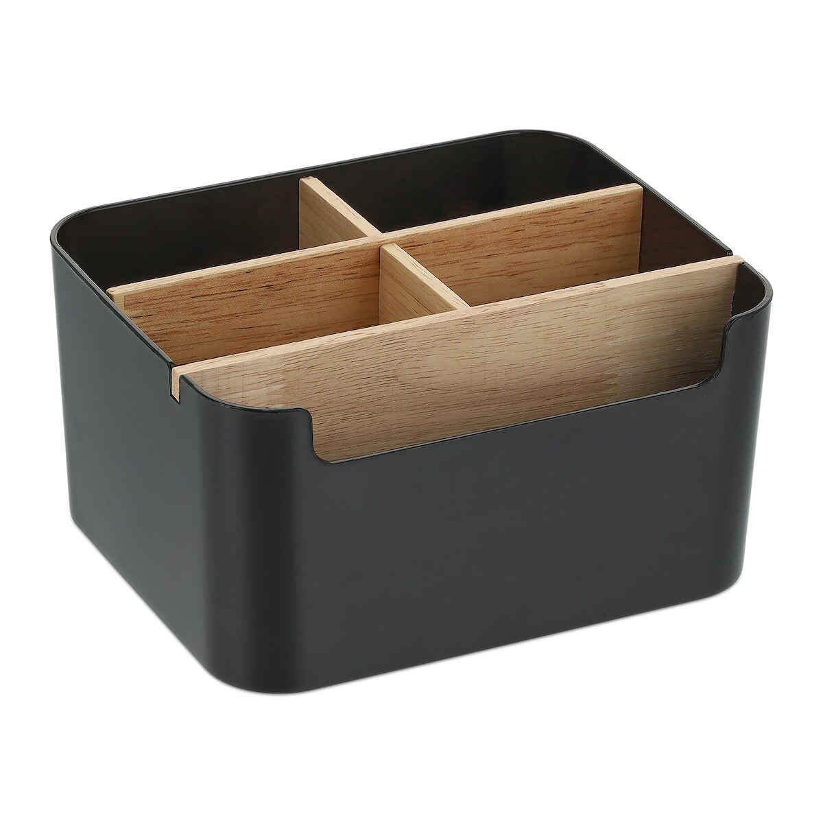 Relaxdays Schreibtisch Organizer, 5 Fächer, Kunststoff und Holz, Badorganizer, modern, HxBxT: 9,5 x 18 x 15 cm, schwarz Image