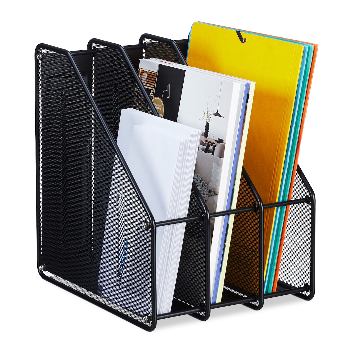 Relaxdays Stehsammler, A4, 3 Fächer, Mesh-Design, HBT: 31,5x24x29 cm, Büro & Home-Office, Stehordner, Metall, schwarz Image