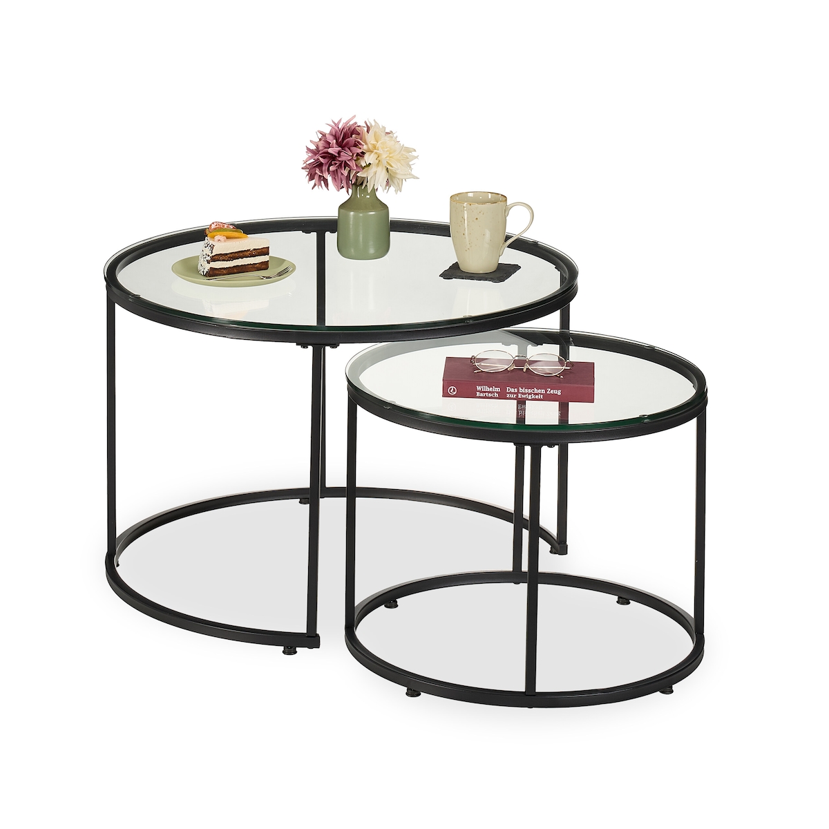 Relaxdays Satztisch, 2er Set, Glas & Metall, runde Beistelltische, für die Couch, Wohnzimmer Tisch, transparent/schwarz Image