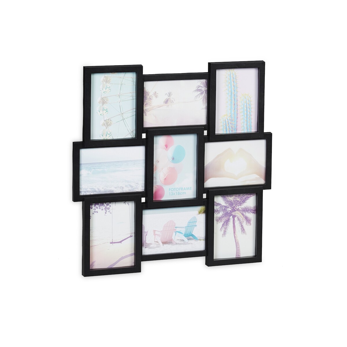 Relaxdays Bilderrahmen Collage, für 9 Bilder, Hoch- oder Querformat, Wand, Kunststoffrahmen, HxB: 54 x 54 cm, schwarz Image