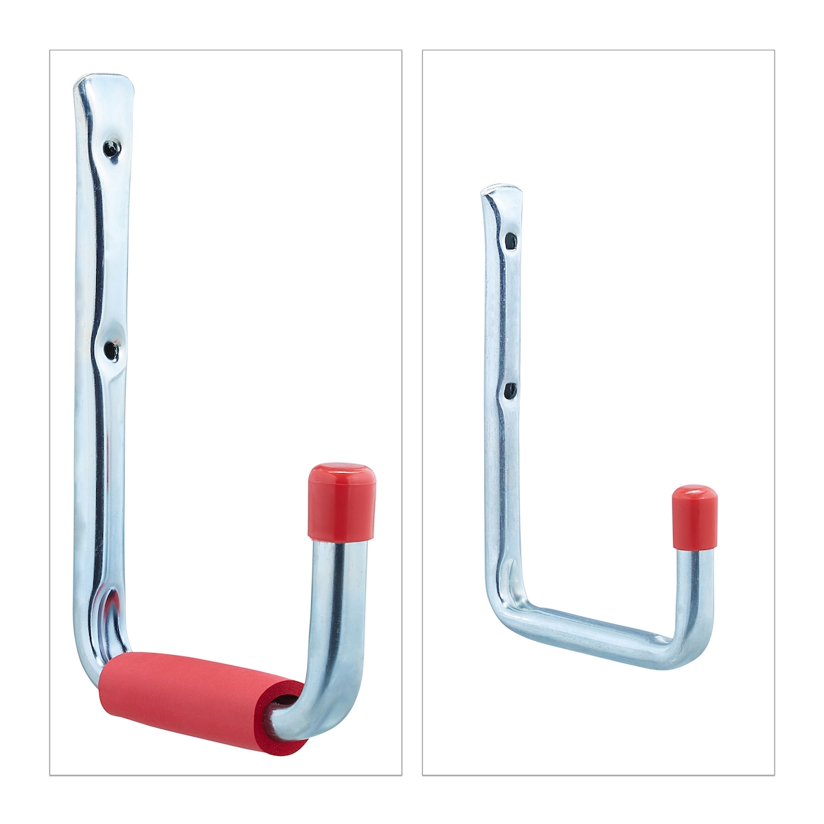 Relaxdays Wandhaken 6er Set, 2 Größen, bis 17,5 kg, Haken für Garage, Werkstatt, Keller, Stahl, Schaumstoff, silber-rot Image