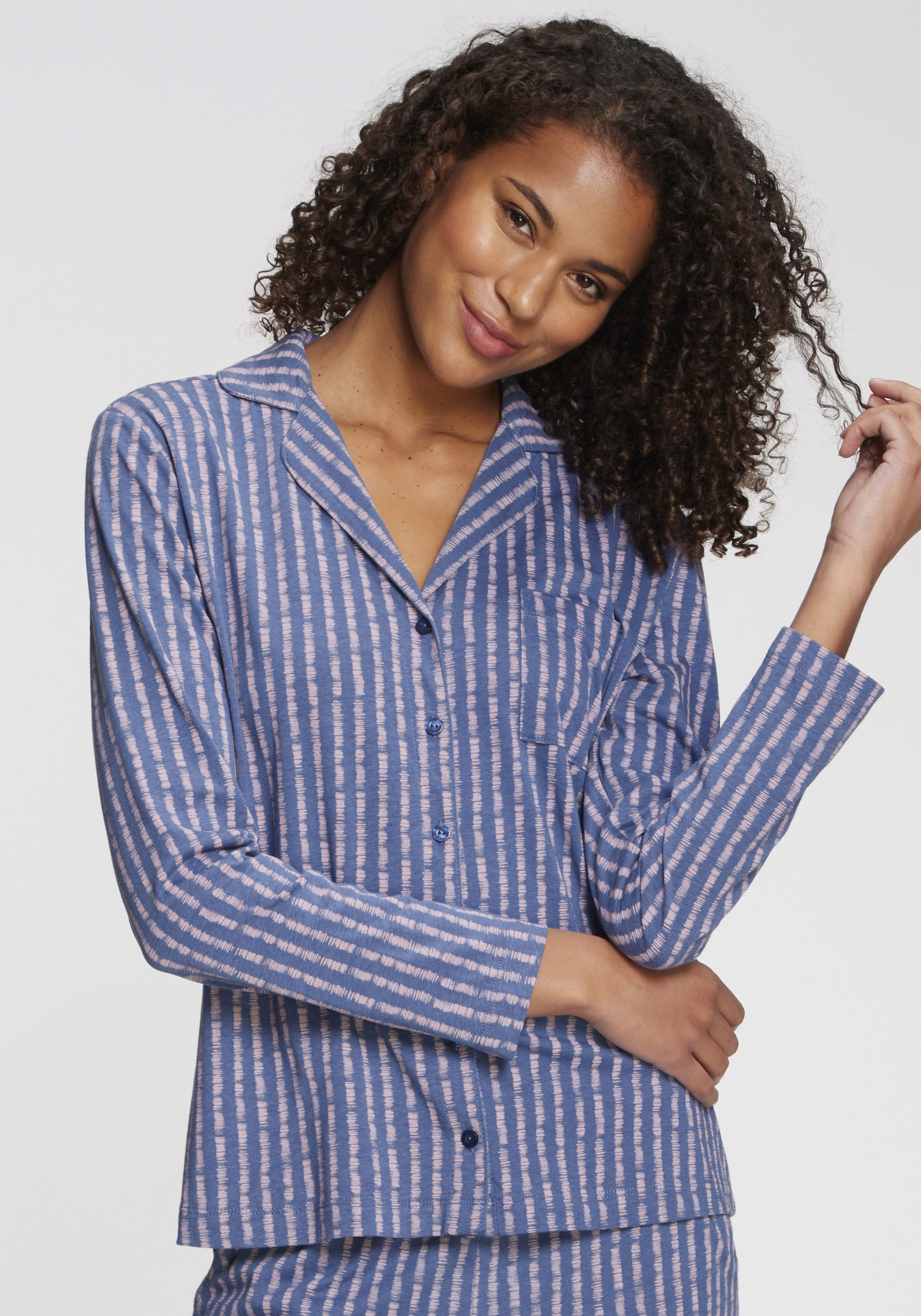 Pyjamaoberteil VIVANCE DREAMS, Damen, Gr. 32/34, blau, rosa, gestreift, Single Jersey, Obermaterial: 50% Baumwolle, 50% Viskose, gestreift, Feminin, Basic, V-Ausschnitt, Manschette, Shirts, mit schönem Allover-Muster Image