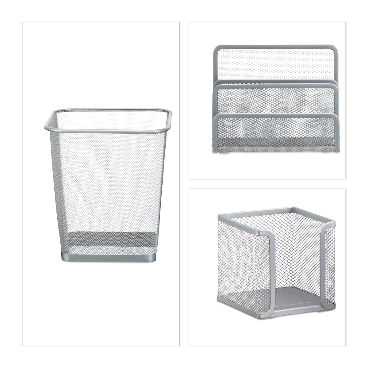 Relaxdays Schreibtisch Organizer 6er Set, Ablage Visitenkarten, Zettelbox, Briefablage, Stifteköcher, Mülleimer, silber Image