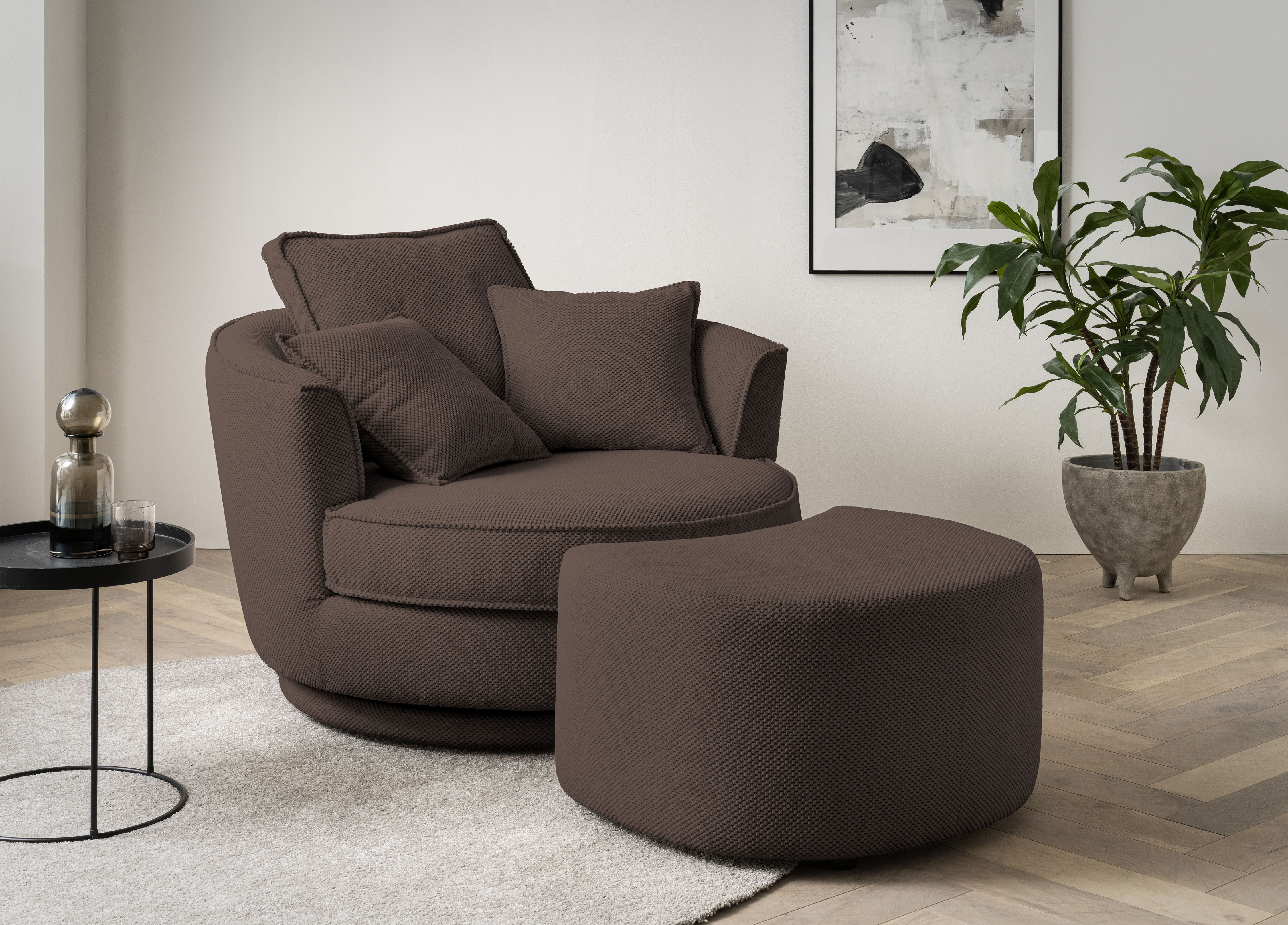 Drehsessel HOME AFFAIRE "MAISIE, Love Seat XXL Lese-Sessel, Big-Sessel mit Hocker", braun, B:120cm H:86cm T:173cm, Sessel, Drehsessel, Set in MEGA CORD und Web-Velours, drehbar 360 Grad
