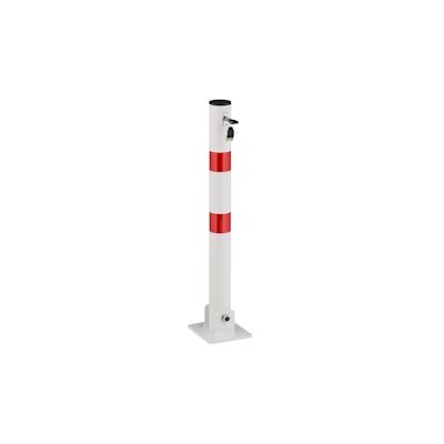 Relaxdays Absperrpfosten, klappbar, Stahl, Parkplatz Absperrung, H: 65 cm, abschließbar, runder Parkpfosten, weiß/rot Image