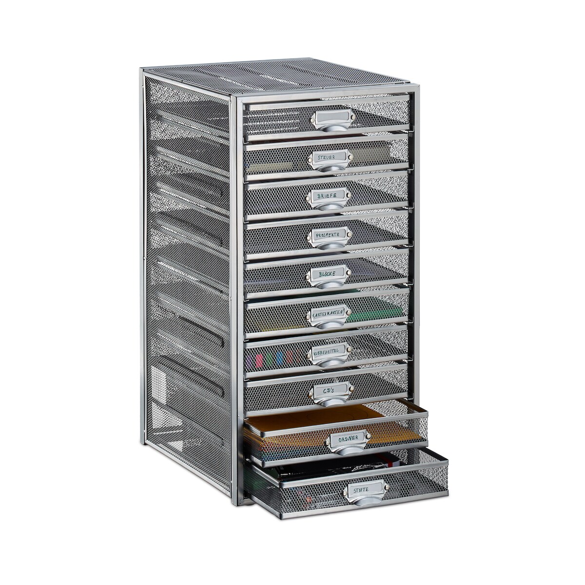 Relaxdays Schubladenbox, 10 Schubfächer, für Din A4 Dokumente, Ordnungssystem für Schreibtisch, Aktenablage, silber Image