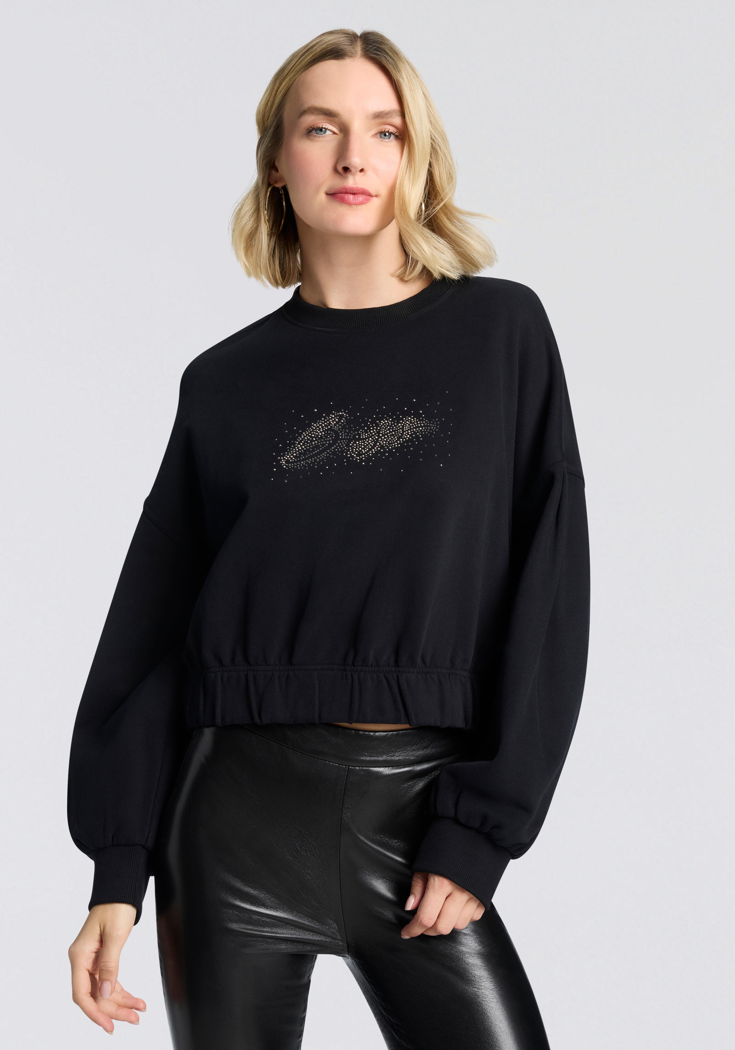 Sweatshirt BOSS ORANGE "Easton Premium Damenmode", Damen, Gr. M (38), schwarz 001, Sweatware, Obermaterial: 100% Baumwolle, Glitzermuster, unifarben, normal, Rundhals, Rippbündchen, Sweatshirts Sweatshirt, mit Rundhals, Logoapplikation