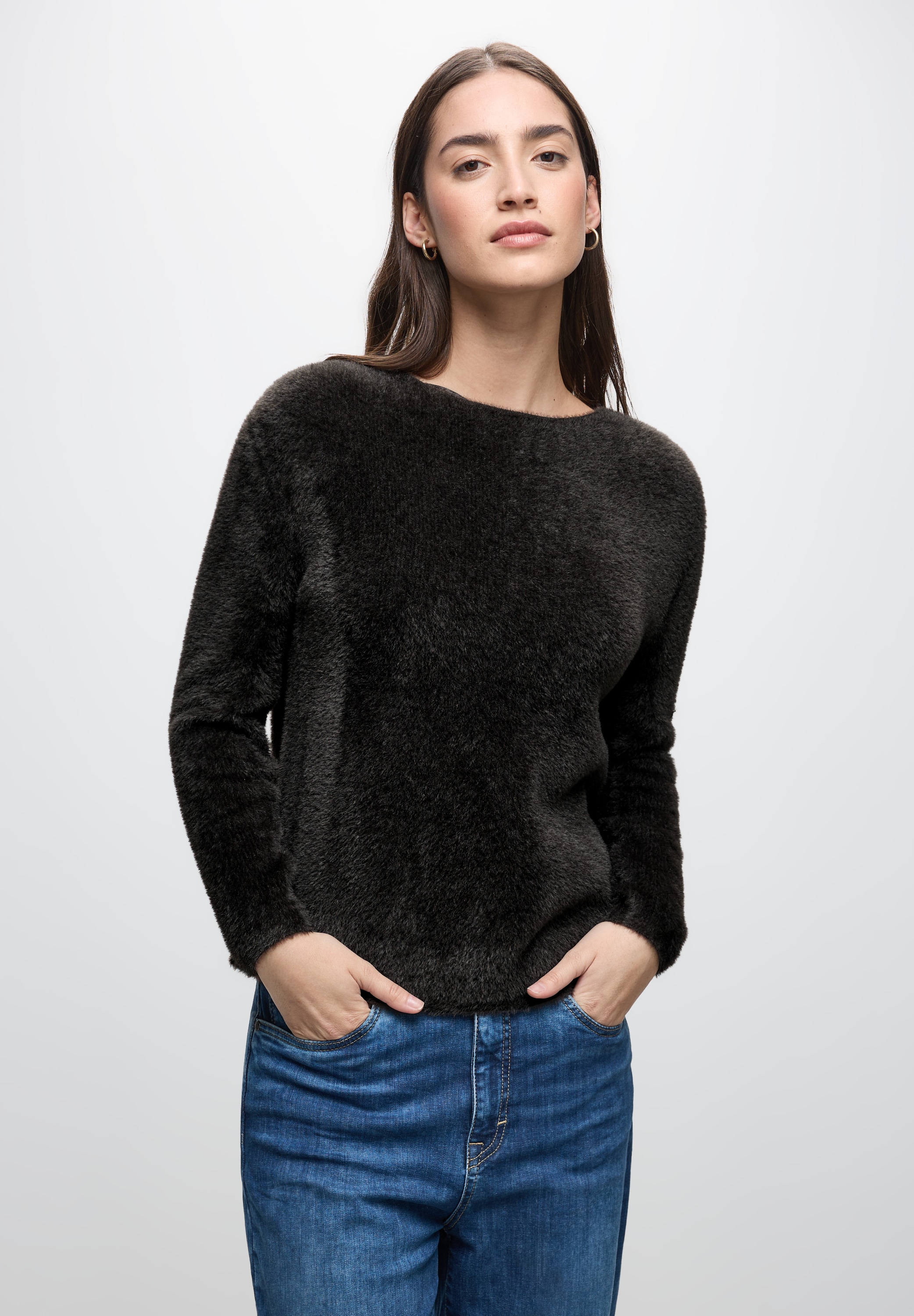 Strickpullover STREET ONE, Damen, Gr. 42, schwarzest braun, Stoff, 78% Polyamid, 12% Polyacryl, 10% Baumwolle, unifarben, normal normal, U-Boot-Ausschnitt, abgesteppt, Pullover Strickpullover, Grobstrick