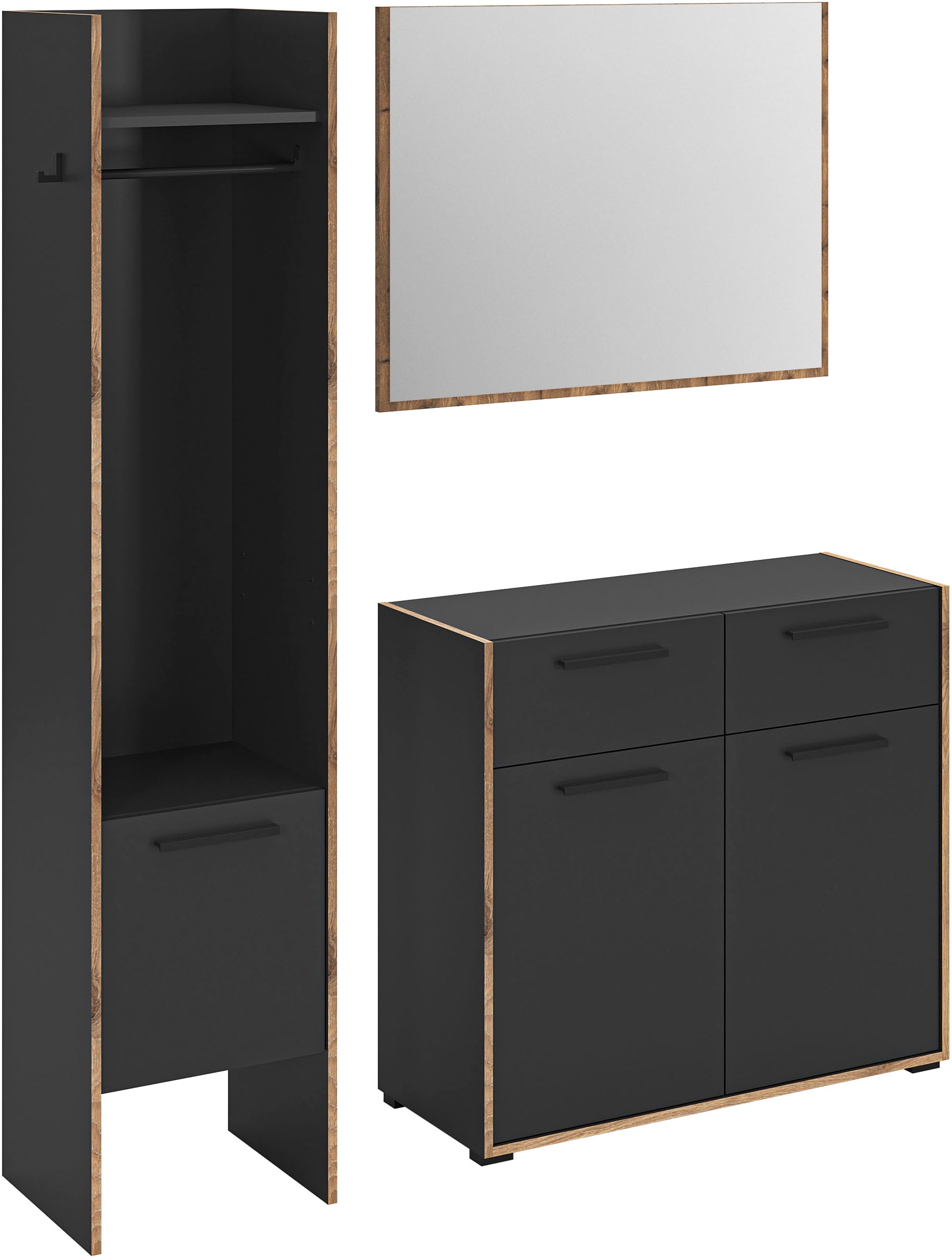 Garderoben-Set INOSIGN "MUSTA, 3-teilig: Garderobenschrank, Kommode & Garderobenspiegel", basalt grau, nox oak nachbildung, B:152cm H:190cm T:37cm, Kastenmöbel-Sets, Kombination, Kompaktgarderobe, Garderobenkombination, Garderobe