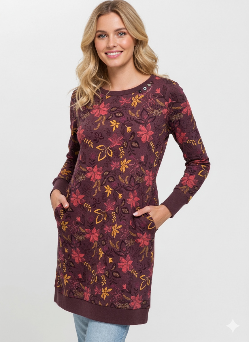 Sweatkleid RAGWEAR "MENITA FLOWERS O", Damen, Gr. M (38), N-Gr, wine rot, Sweatware, Obermaterial: 50% Baumwolle, 50% Polyester, geblümt, gemustert, kurz, Rundhals, Rippbündchen, Kleider Sweatkleid