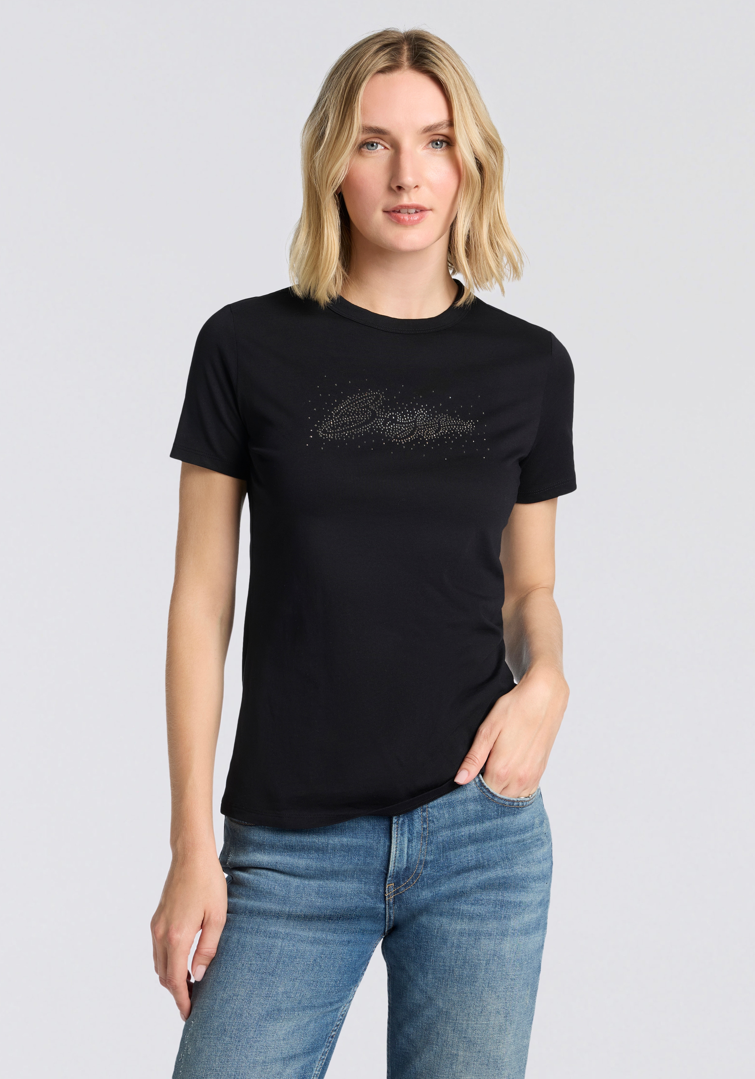 T-Shirt BOSS ORANGE "Elogo Print19 Premium Damenmode", Damen, Gr. L (40), schwarz 001, Single Jersey, Obermaterial: 100% Baumwolle, unifarben, normal, Rundhals, Shirts T-Shirt, mit Rundhals