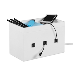 Relaxdays Kabelbox Bambus, Steckdosenleiste & Kabel verstecken, Kabelmanagement Schreibtisch, HBT 16,5x25,5x14cm, weiß Image