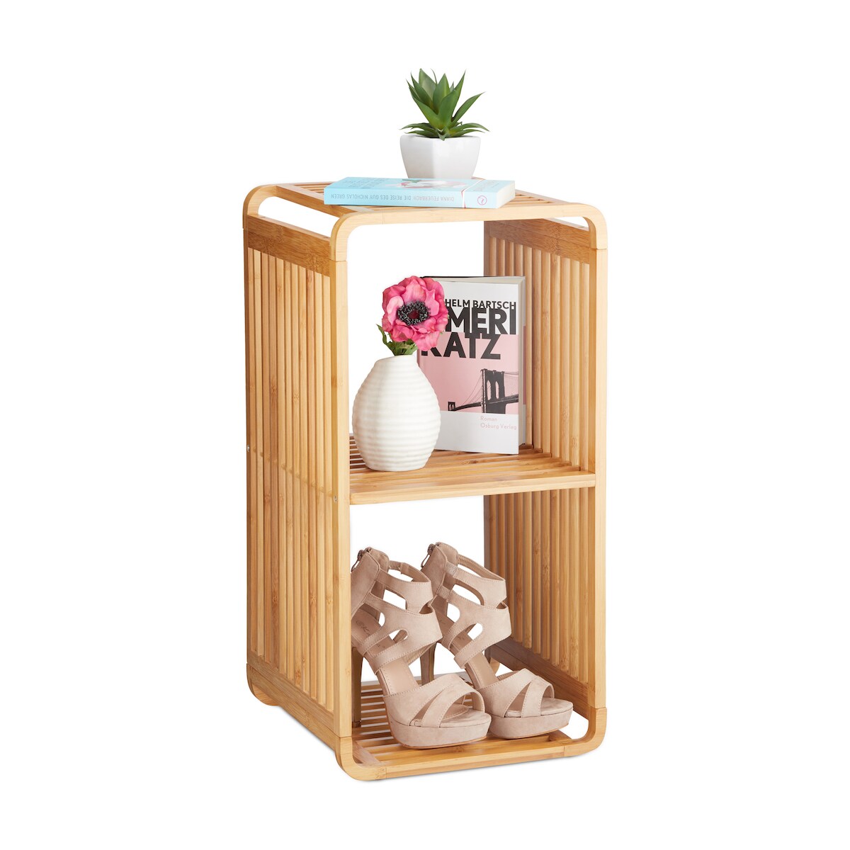 Relaxdays Bambus Regal, abgerundetes Standregal, schmales Badregal mit 3 Ablagen, quadratisch, HBT: 64,7x33x33 cm, natur Image