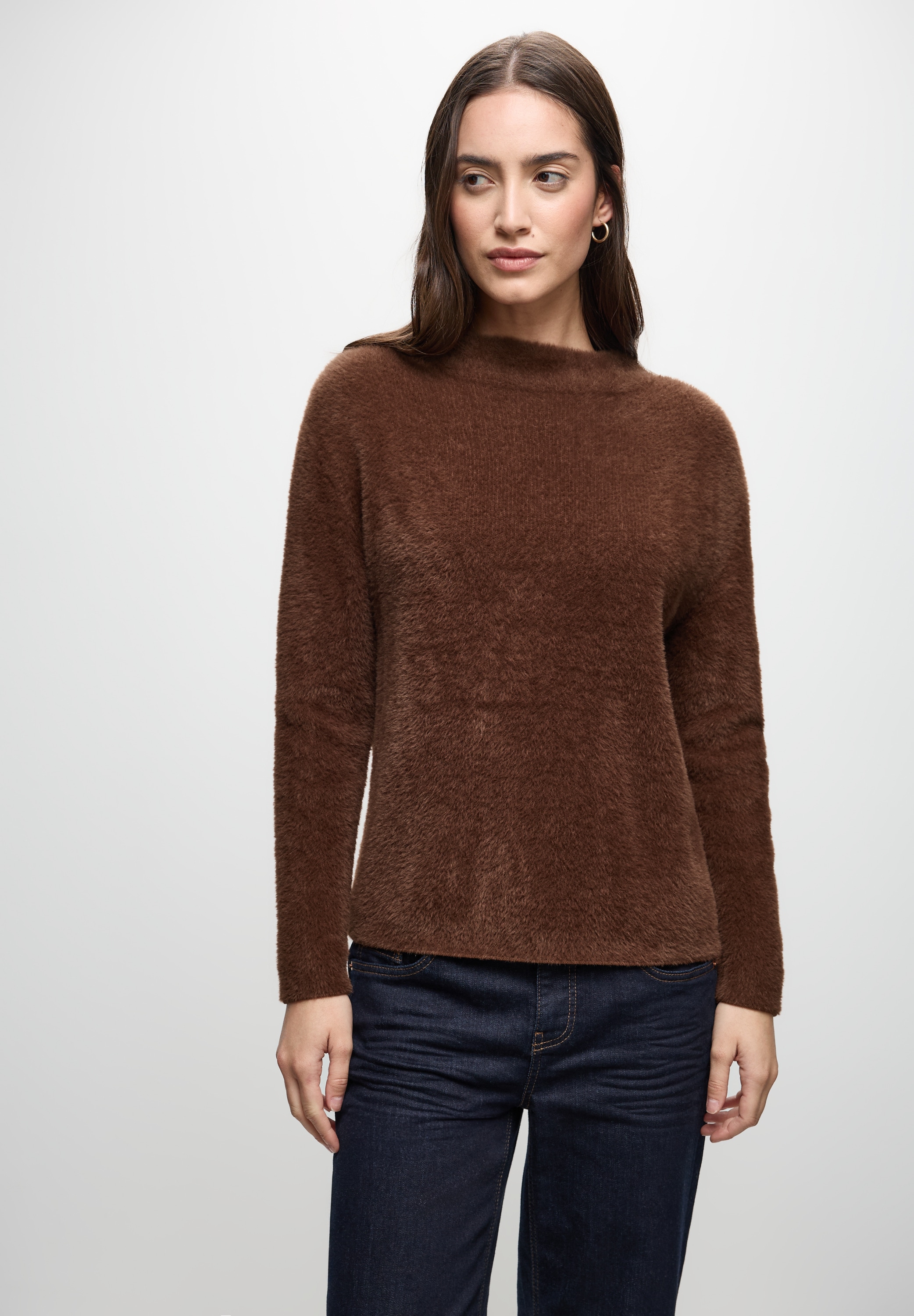 Strickpullover STREET ONE, Damen, Gr. 34, hazelnut braun, Stoff, 78% Polyamid, 12% Polyacryl, 10% Baumwolle, unifarben, normal normal, U-Boot-Ausschnitt, abgesteppt, Pullover Strickpullover, Grobstrick