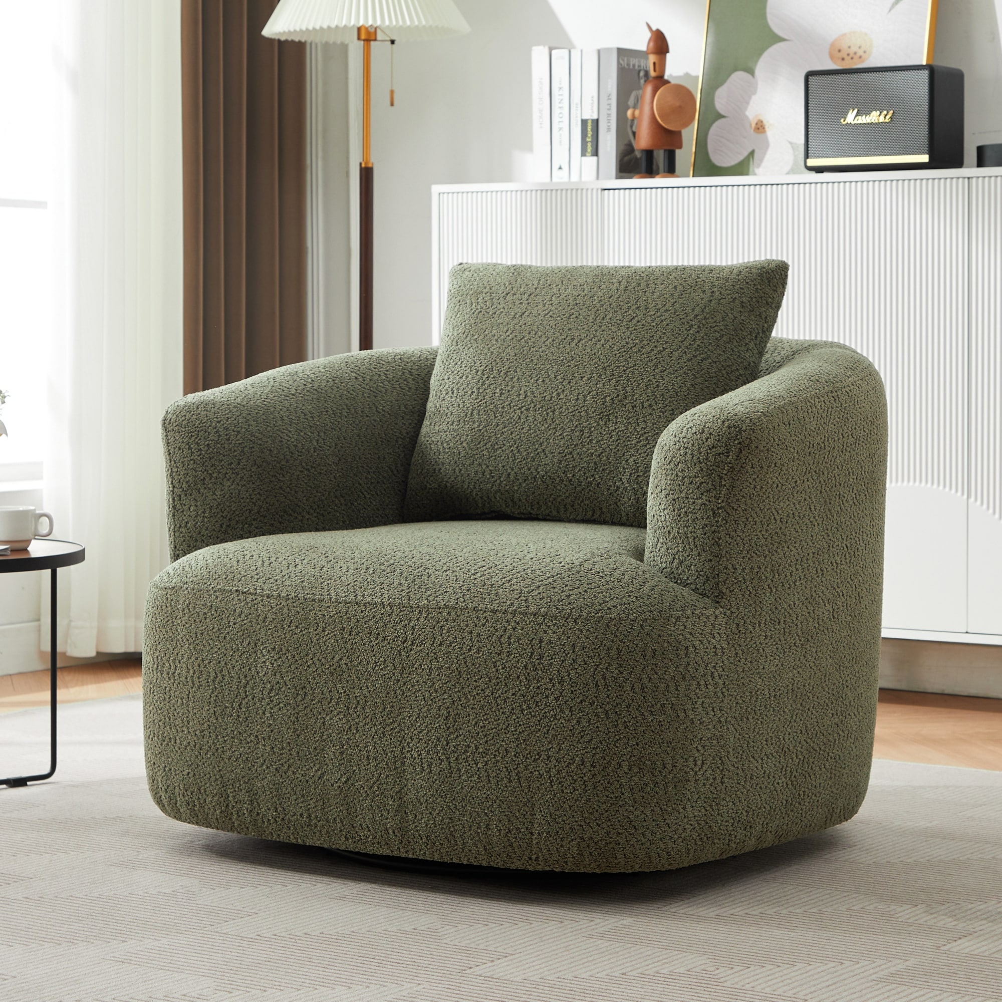 Upholstered Swivel Barrel Chair, Ergonomic Single Sofa Chair, Reading Chair with Throw Pillow & Round Armrests