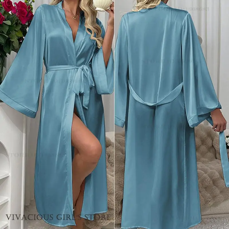 Frühling Herbst Weibliche Lange Robe Kimono Kleid Bademantel Sexy Seidige Satin Nachtwäsche Nachthemd Lose Beiläufige Hause Kleid Lounge Tragen Image