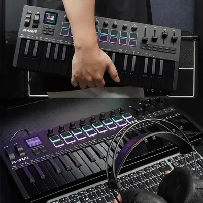 M-VAVE SMK-37 Pro 37-Key Black MIDI Controller With 16 RGB Pads 8 Knobs Portable Built-in Synthesizer Keyboard MIDI Controller