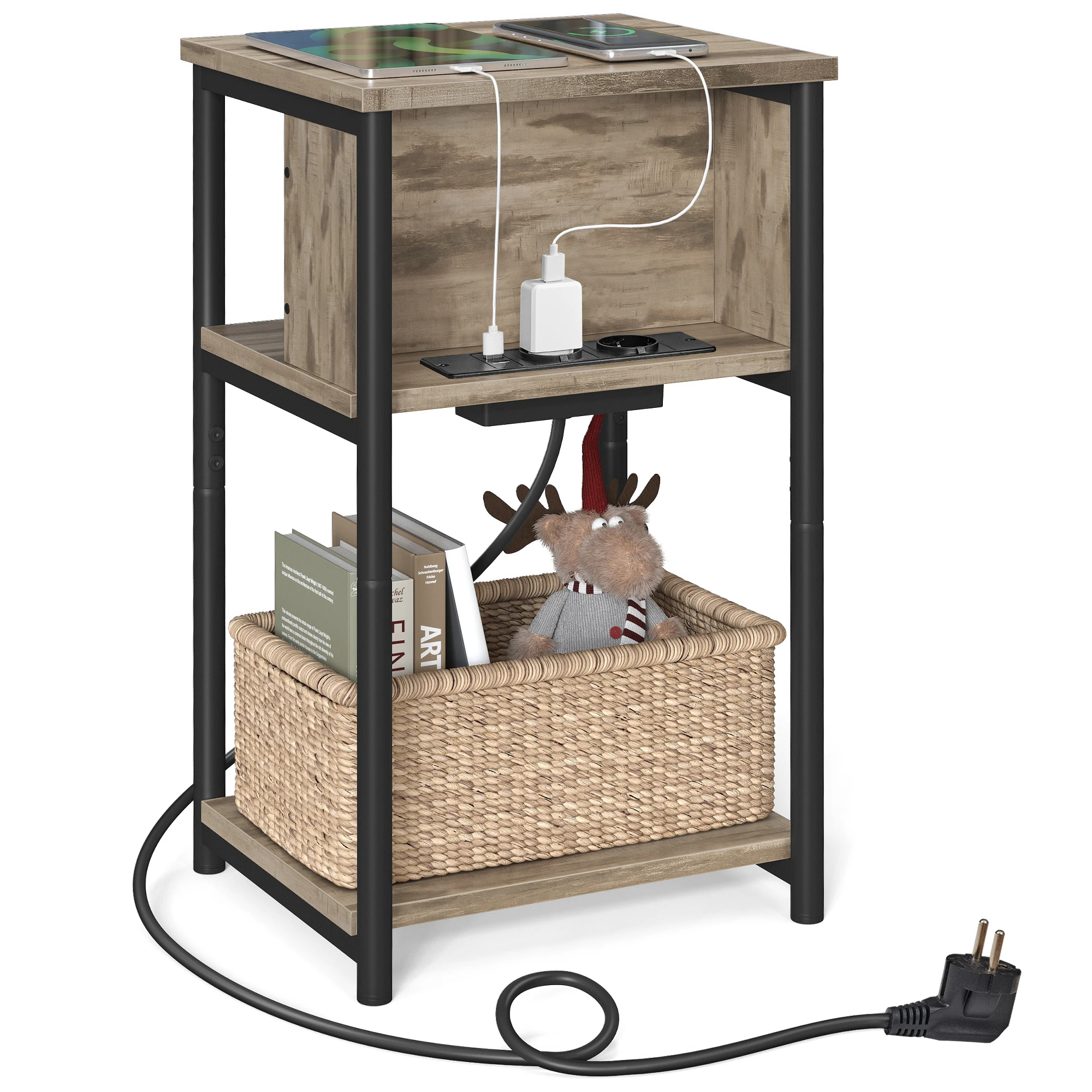 VASAGLE Beistelltisch, Nachttisch mit Steckdose, schmal, 2 AC-Anschlüsse, 2 USB-Anschlüsse, 30 x 34 x 58 cm, für Wohnzimmer Image